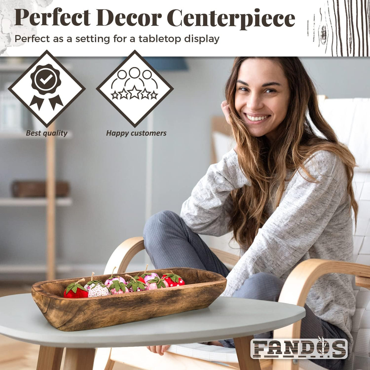 FANDOS Wooden Dough Bowl for Decor -17¾ in Long Dough Bowl Hand Carved Paulownia - Wood Bread Bowl for Decor - Rustic Decorative Long Wooden Bowl for Table Centerpiece FANDOS