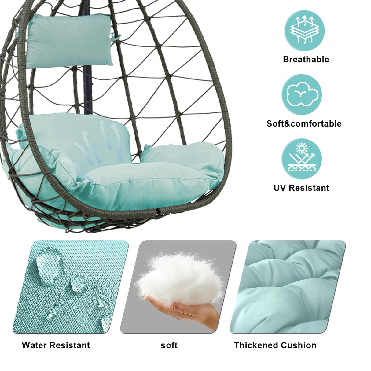 Egg Chair Indoor Outdoor, Foldable Hanging Egg Chair with Stand, Patio Swing Egg Chairs, UV Resistant Removable &Washable Thicken Padded Cushions, 350LBS Capacity for Bedroom, Balcony Blue HiDSLiving