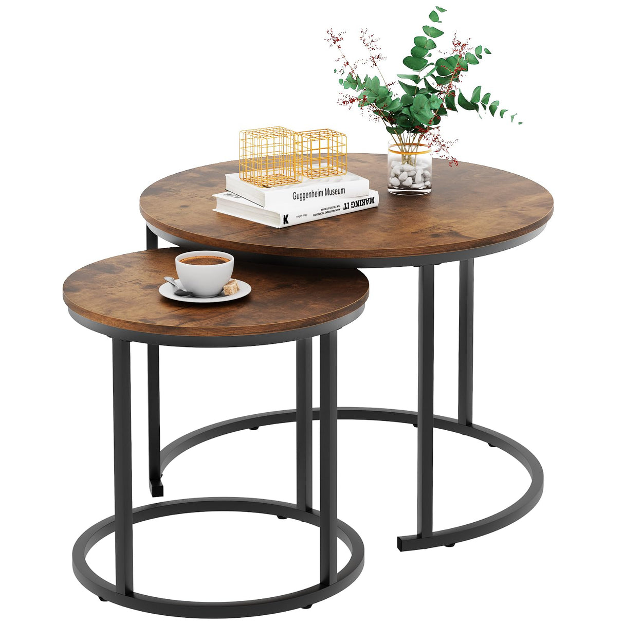 aboxoo Coffee Table Nesting Round Table Set of 2 Side Table with Sturdy Metal Frame for Living Room Bedroom Apartment Modern Industrial Simple Nightstand,Rustic Brown aboxoo