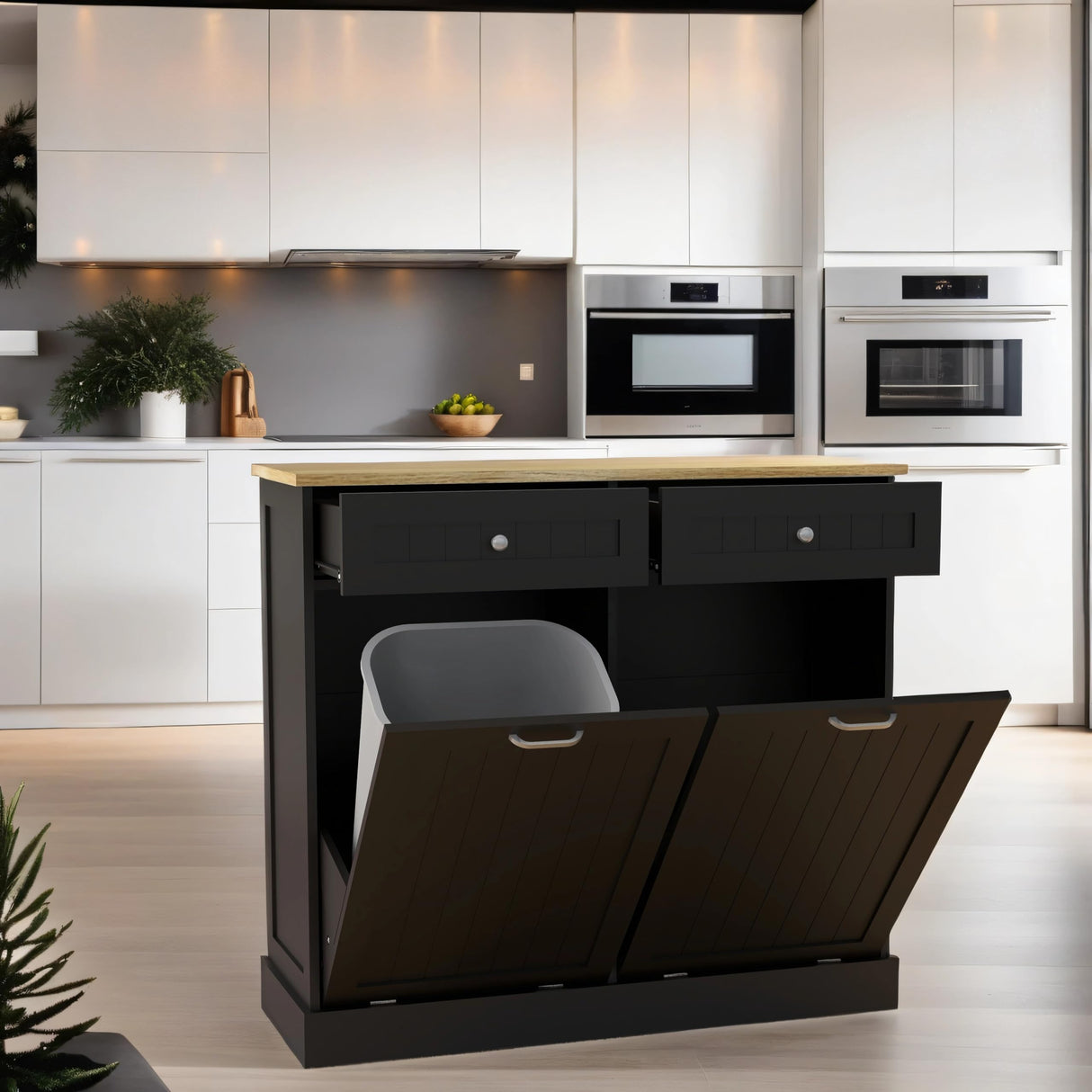 RASOO Double Tilt Out Trash Can Cabinet Freestanding Laundry Hamper Wooden Tabletop with 2 Drawers Kitchen Garbage Can for 10 Gallon, Black RASOO