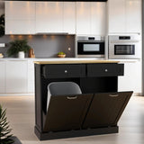 RASOO Double Tilt Out Trash Can Cabinet Freestanding Laundry Hamper Wooden Tabletop with 2 Drawers Kitchen Garbage Can for 10 Gallon, Black RASOO