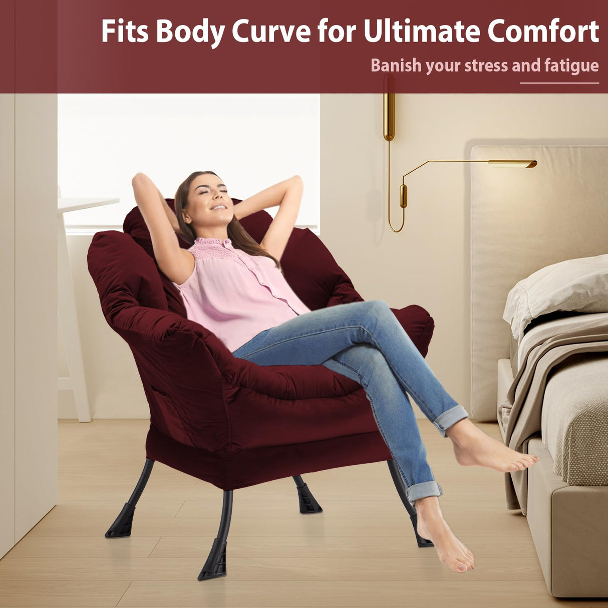Youtanic Lazy Chair Thick Padded, Accent Chair Velvet Upholstered with Wide Seat, Stable Metal Frame and Non-Slip Pad, Modern Sofa Armchair with Side Storage Bag for Dorm, Room, Office, Burgundy Youtanic