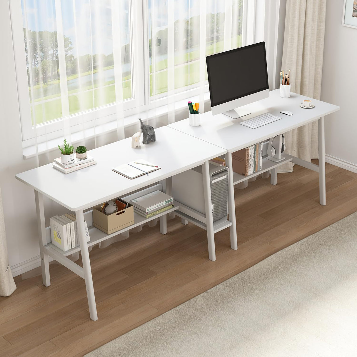 NELYE 94" Double Study Desk with Bookshelf - Spacious Wooden Workstation in White NELYE