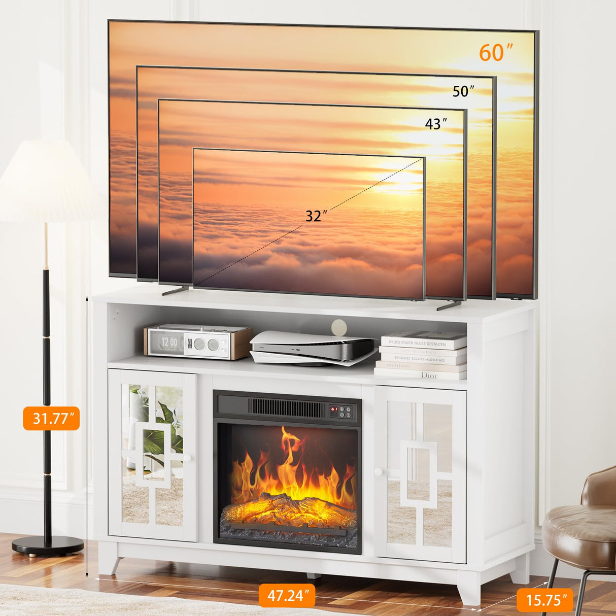 VINGLI Mirrored Fireplace TV Stand, Farmhouse Modern Entertainment Center with Electric Fireplace & Mirror Doors for TVs Up to 60 Inch (White) VINGLI
