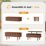 Fluted Lift Top Coffee Table with Hidden Compartment, Fully Assembled Wooden Center Table, Modern Oval Lift Tabletop for Home Living Room Office, Walnut ORRD