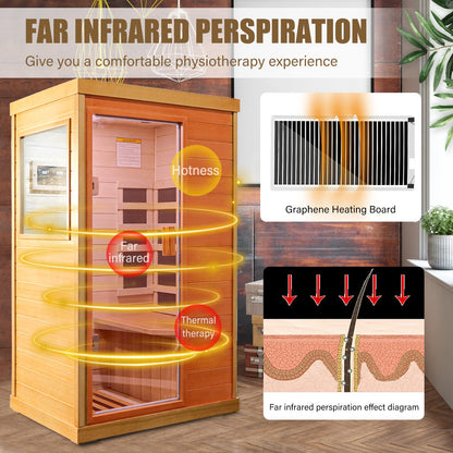 ROCKINGRUN 1 Person Far Infrared Sauna for Home, Mini Low-EMF Single Indoor 800W Dry Saunas, Wooden Canadian Hemlock Sauna with Control Panel & Tempered Glass Door, Bluetooth Speakers & Ambient Light