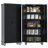 METALYEYE 72" H Metal Storage Cabinet with 2 Doors and 4 Adjustable Shelves, Garage Storage Cabinet with Wheels for Garage Home Storage, Required-Assembly (Black) METALYEYE