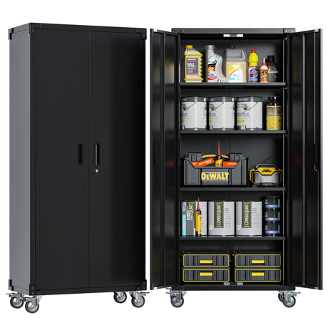 METALYEYE 72" H Metal Storage Cabinet with 2 Doors and 4 Adjustable Shelves, Garage Storage Cabinet with Wheels for Garage Home Storage, Required-Assembly (Black) METALYEYE