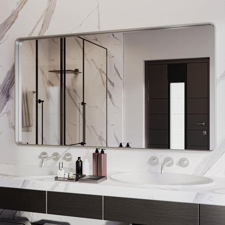 ISKM Brushed Silver Bathroom Mirror, 55 x 30 Inch Rounded Rectangle Silver Metal Frame Mirror for Wall Modern Vanity Mirror (Horizontal/Vertical) ISKM