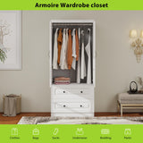 Keloyid Armoire Wardrobe Closet: Wood White Bedroom Armoire Storage Cabinet for Large Capacity with 2 Doors, Tall Armoire and Wardrobe Closet with 2 Drawers & Hanging Rail Keloyid