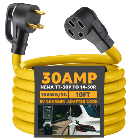 Tellegloww 10ft EV Charger Adapter Cord Compatible with NEMA TT-30P to 14-50R, 30 A RV Generator Outlet to 50 A EV for Level 2 Charging, 3 Prong to 4 Prong Power Extension Cord with Handle, ETL Listed Tellegloww