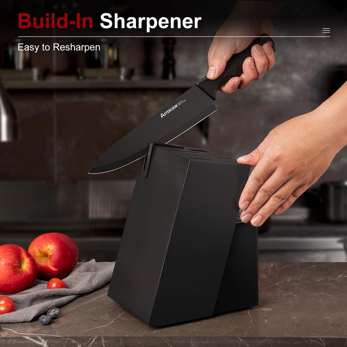 Astercook 15 Piece Knife Set with Sharpener Block - German Stainless Steel, Dishwasher Safe Kitchen Knives with Built-In Sharpener, Black Astercook