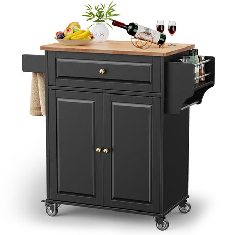 Gizoon Black Kitchen Island Cart with Rubberwood Top & Multi-Storage for Home and Dining Gizoon