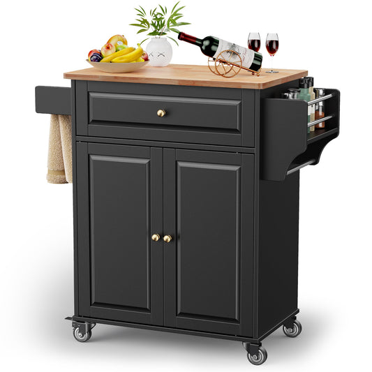 Gizoon Kitchen Island Cart with Rubberwood Top, 35.8" W Rolling Kitchen Island on Wheels with Adjustable Shelf, Drawer, Spice Rack, Towel Bar, Mobile Storage Cabinet for Dining Room, Home Bar, Black