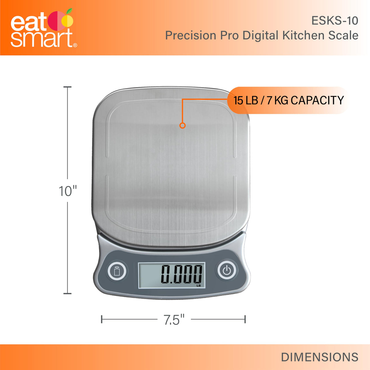 Eat Smart ESKS-10 Precision Elite Digital Kitchen Scale - 15 lb. Capacity, UltraBright Display and Stainless Steel Platform EatSmart