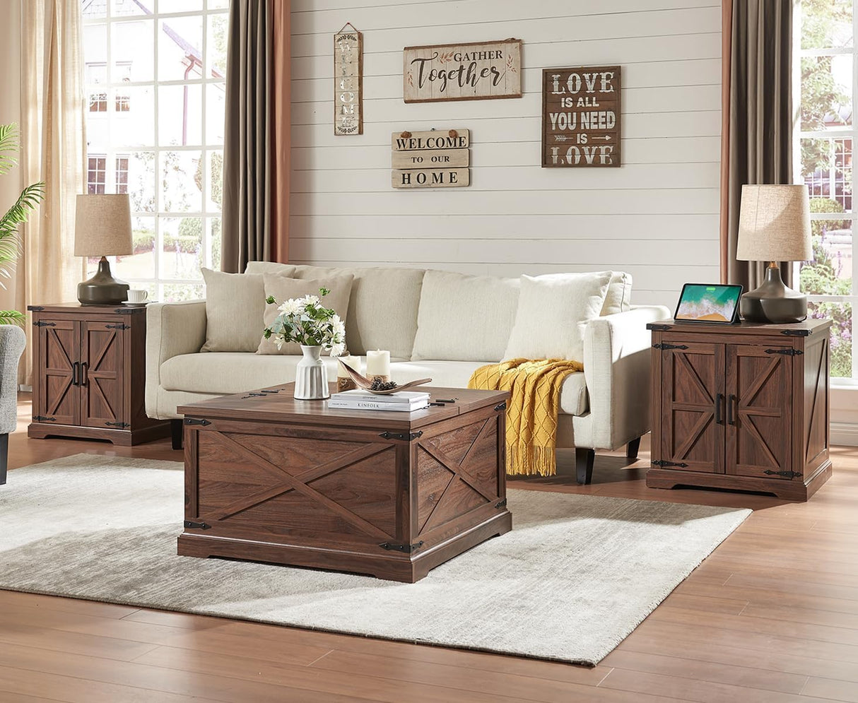 Barnyatoh Farmhouse Square Coffee Table with Storage, Wood Center Table with Hinged Lift Top, Rustic Cocktail Table with Large Hidden Storage Compartment for Living Room, Bedroom,Brown Barnyatoh