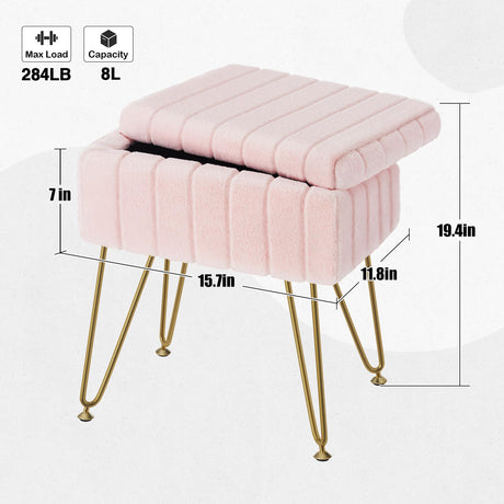 Greenstell Vanity Stool Chair Faux Fur with Storage, 15.7"L x 11.8"W x 19.4"H Soft Ottoman 4 Metal Legs with Anti-Slip Feet, Furry Padded Seat, Modern Multifunctional Chairs for Makeup, Bedroom Pink GREENSTELL