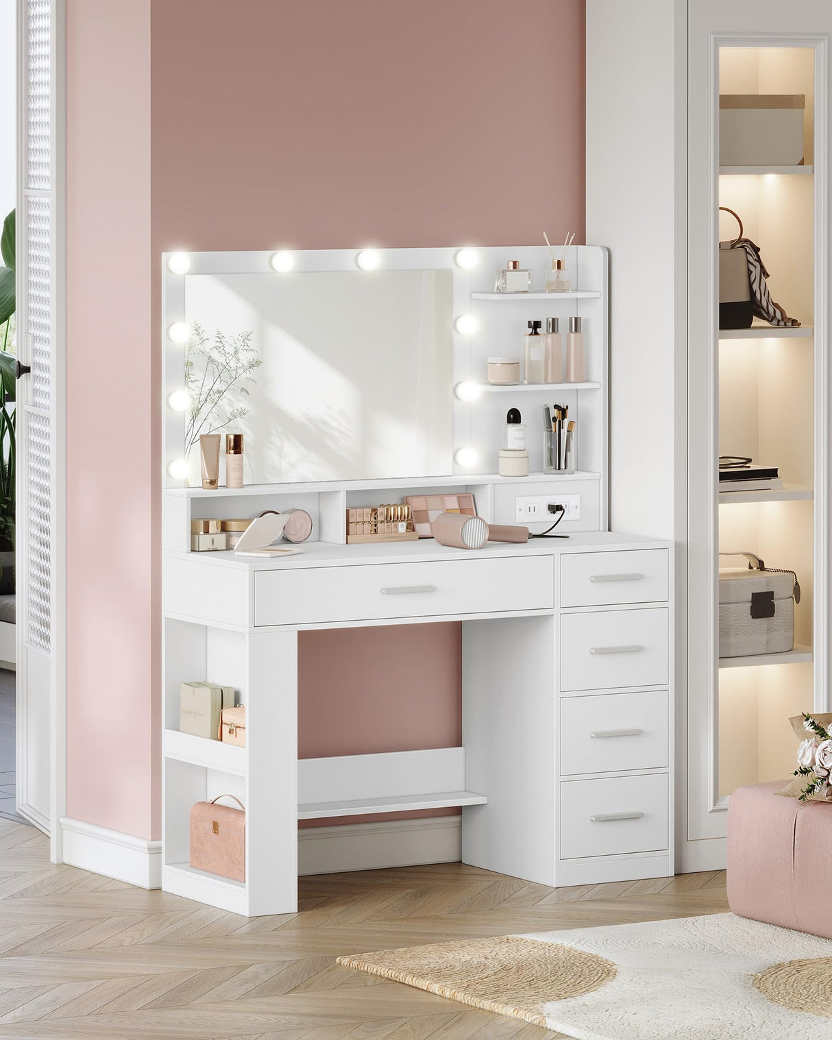 HILINSIE Vanity Desk with Large HD Mirror, Makeup Vanity with Led Lights, Dressing Table with Power Strip, 6 Storage Shelves, 5 Drawers and Side Open Storage, Simple, White HILINSIE