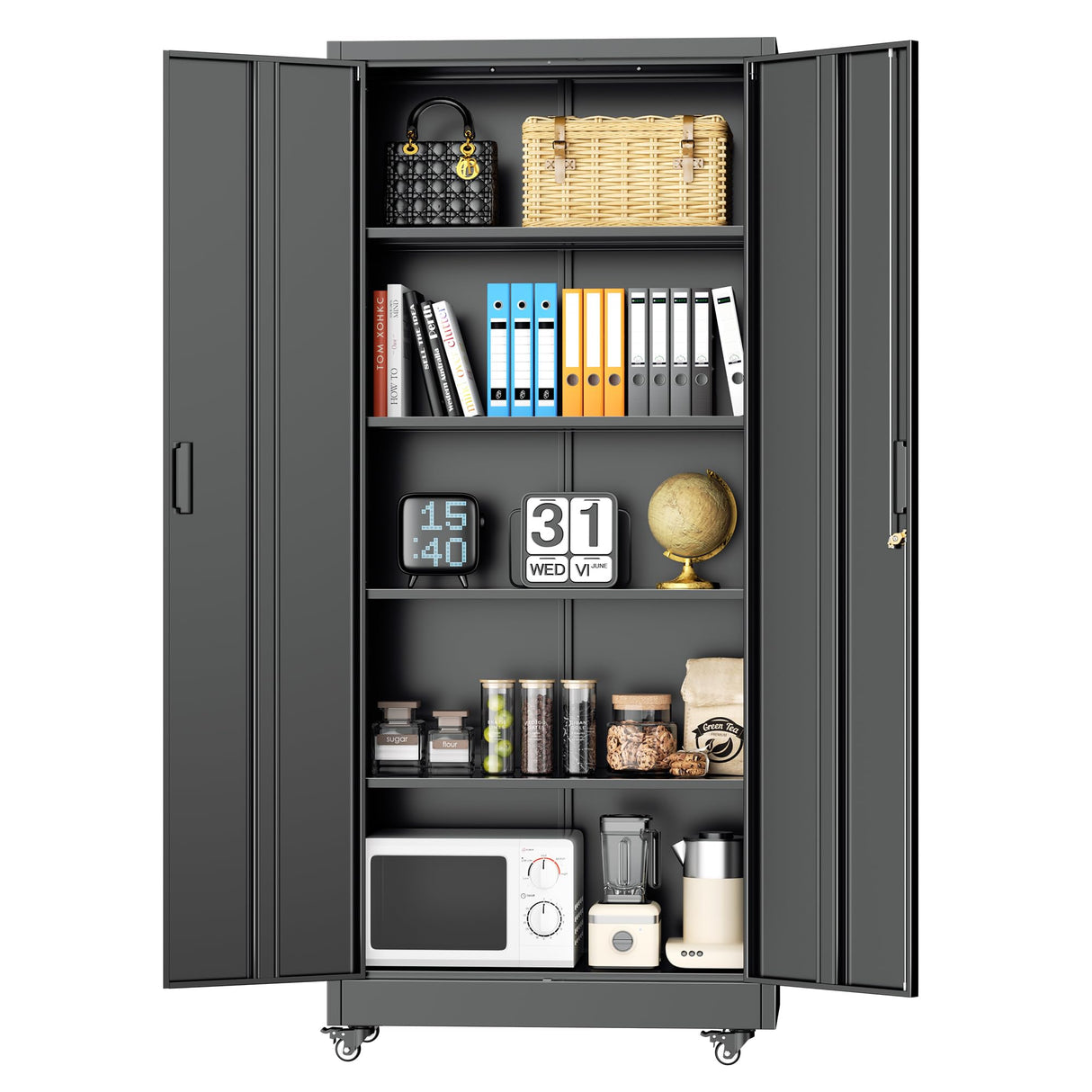 INTERGREAT Metal Storage Cabinet with Wheels, 73" Rolling Storage Cabinet with Doors and Shelves, Black Garage Cabinets with Lock, Steel Cabinet for Office, Garage, Home, Shop INTERGREAT