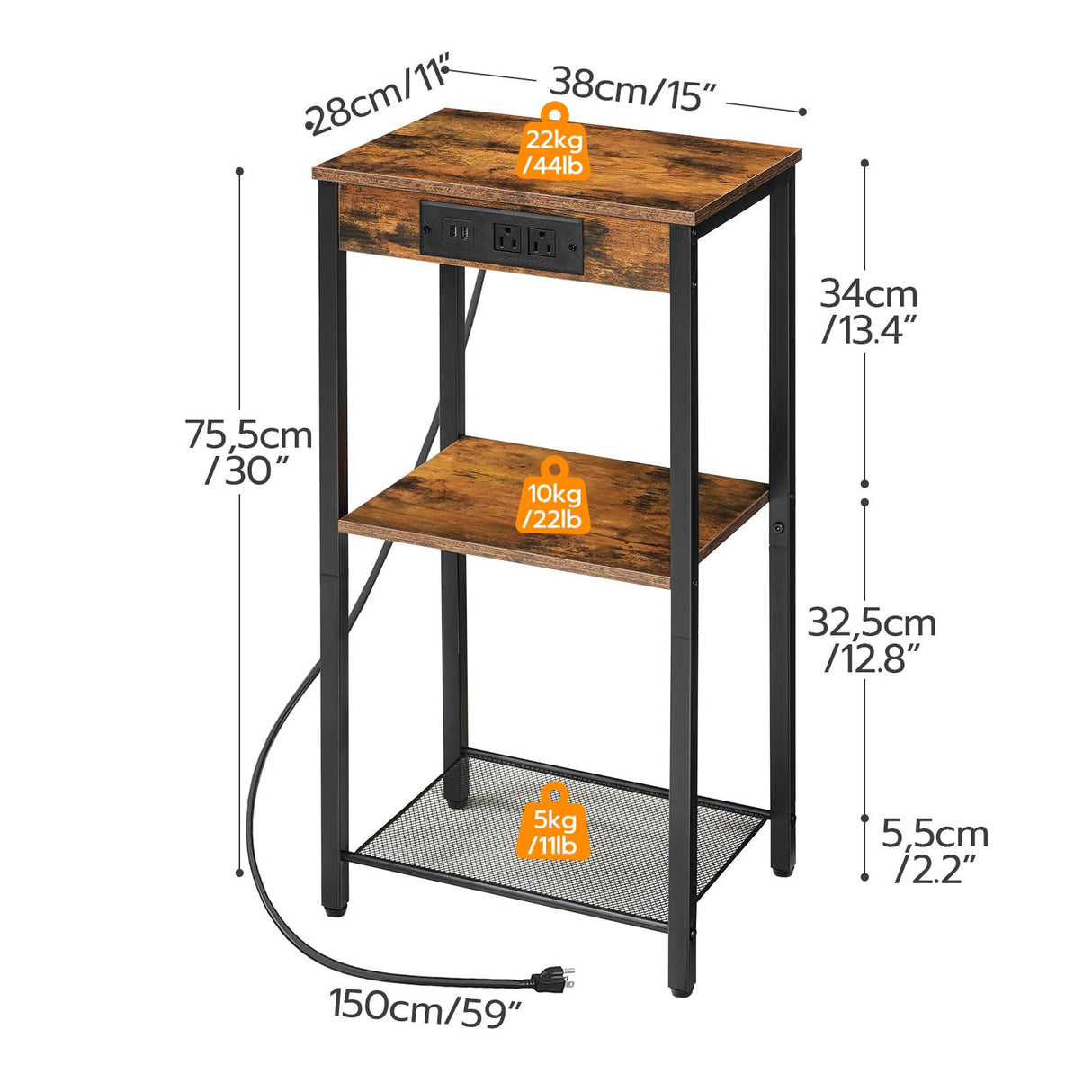 HOOBRO Tall End Table with Charging Station, 30 Inch Tall Nightstand, 3-Tier Side Table with Storage Shelves, for Living Room, Bedroom, Hallway, Rustic Brown BF09UDH01 HOOBRO