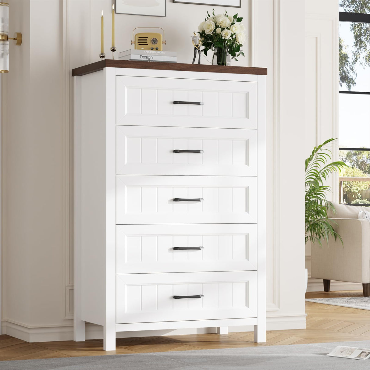Jocoevol Elegant Farmhouse 5 Drawer Dresser for Bedroom - Tall Chest of Dresser with Spacious Storage, Solid Wood Construction for Living Room, Hallway & Entryway - White & Brown Jocoevol