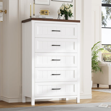 Jocoevol Elegant Farmhouse 5 Drawer Dresser for Bedroom - Tall Chest of Dresser with Spacious Storage, Solid Wood Construction for Living Room, Hallway & Entryway - White & Brown Jocoevol