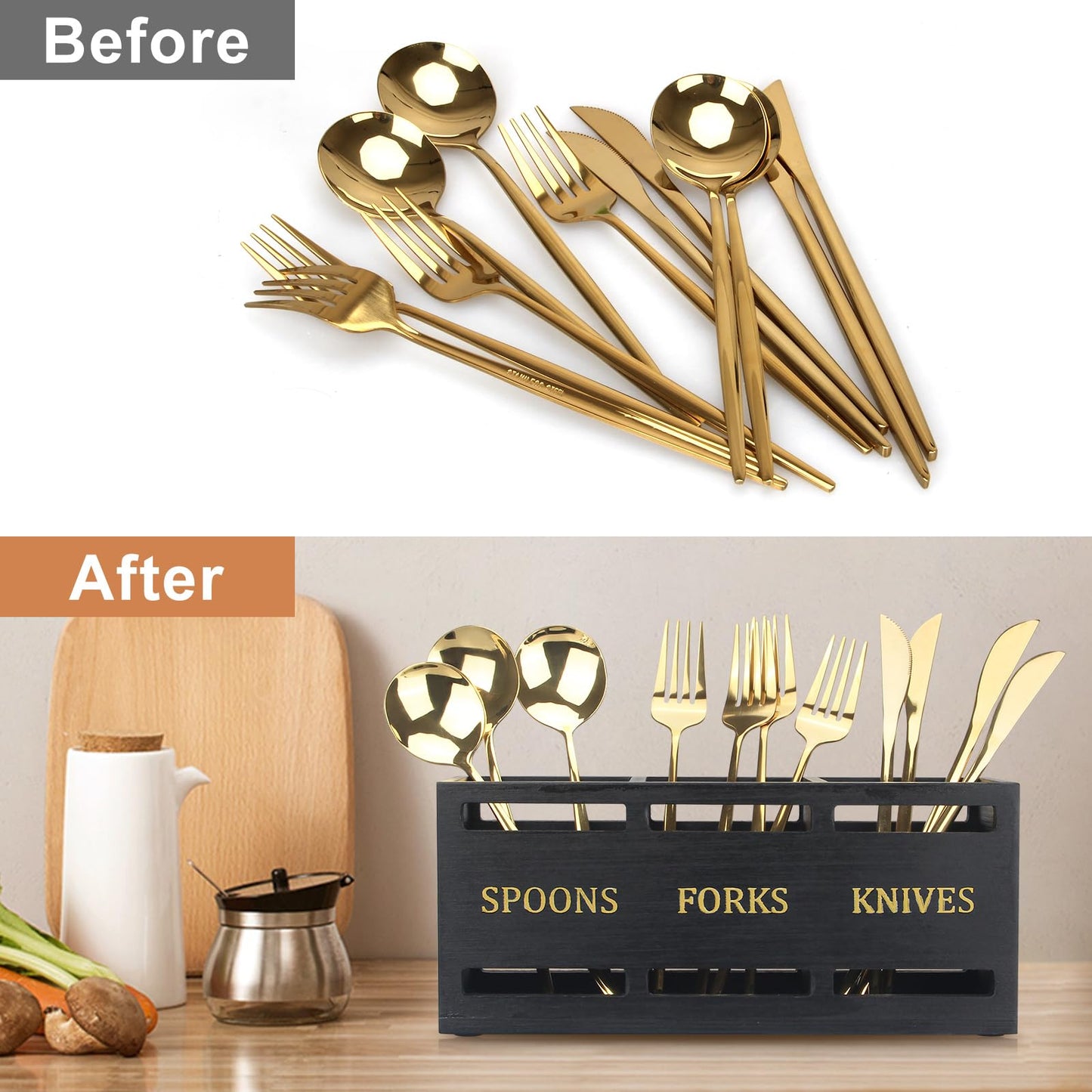 Ayiaren Wooden Cutlery Silverware Holder Flatware Utensil Caddy Black Utensil Holder for Kitchen Counter Wood Silverware Caddy Organizer for Table Countertop Spoon Knife and Fork Holder for Parties