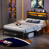 Furnulem Full Size Bed Frame with Headboard & 2 Fabric Drawers, Full Platform Bed Featuring LED Lights, Built-in Charging Station & Storage Shelves, Metal Slats, No Box Spring Needed – Black Oak Furnulem