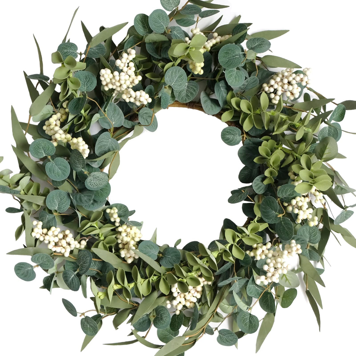 TEMPUS 20-Inch Artificial Eucalyptus Wreath Handmade Spring Summer Door Hanging, Farmhouse Wall Decor, Wedding Gift, Outdoor-Friendly Green Leaf Wreath TEMPUS