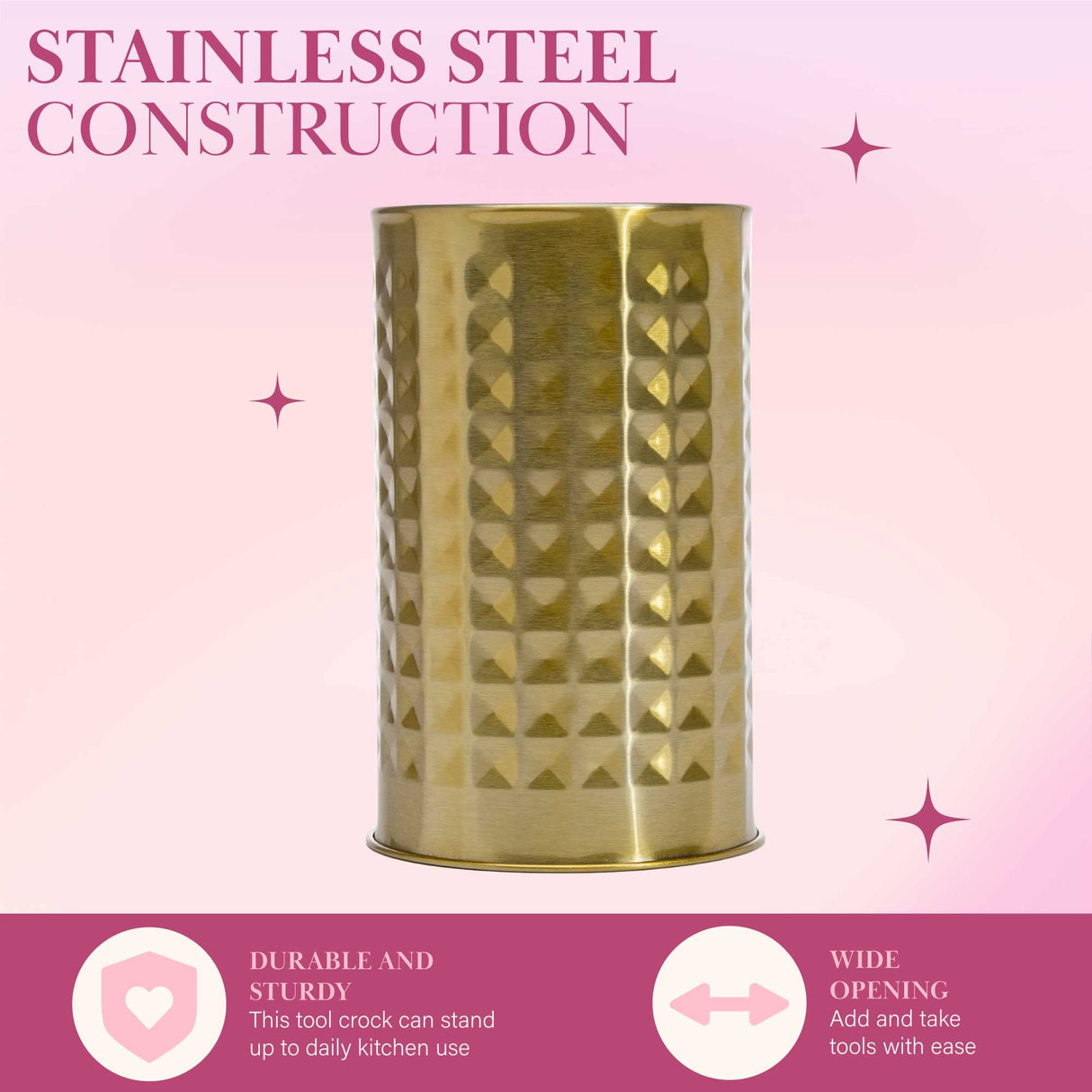 Paris Hilton Kitchen Set Tool Crock with Silicone Cooking Utensils, Stainless Steel Whisk and Ladle, 7-Piece, Pink and Gold Paris Hilton