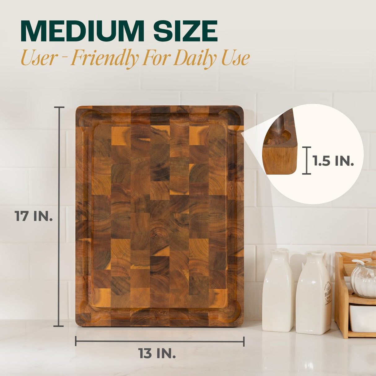 Yes4All Durable Acacia Cutting Boards for Kitchen, [17''Lx13''Wx1.5” Thick] Medium End Grain Cutting Board, Pre Oiled Wood Cutting Boards, Thick Chopping Board w/Juice Grooves and Easy Grip Handle Yes4All