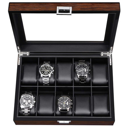 BEWISHOME Watch Box -10 Slot Luxury Wooden Watch Cases for Men Watch Storage with Real Glass Top, Mens Watch Organizer Holder with Removable Pillows, Smooth Faux Leather Interior, Brown SSH10Y BEWISHOME