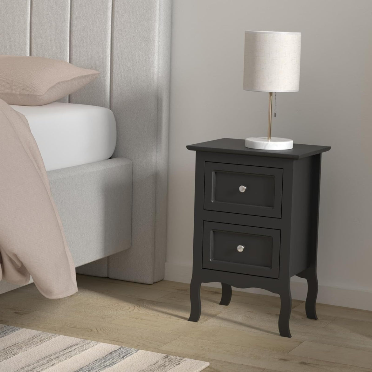 Karl home Black Nightstand Set of 2 for Bedroom, Vintage Small Night Stand with Drawers, Farmhouse Side Table, Wooden End Tables with Curved Legs for Office, Mid-Century Karl home