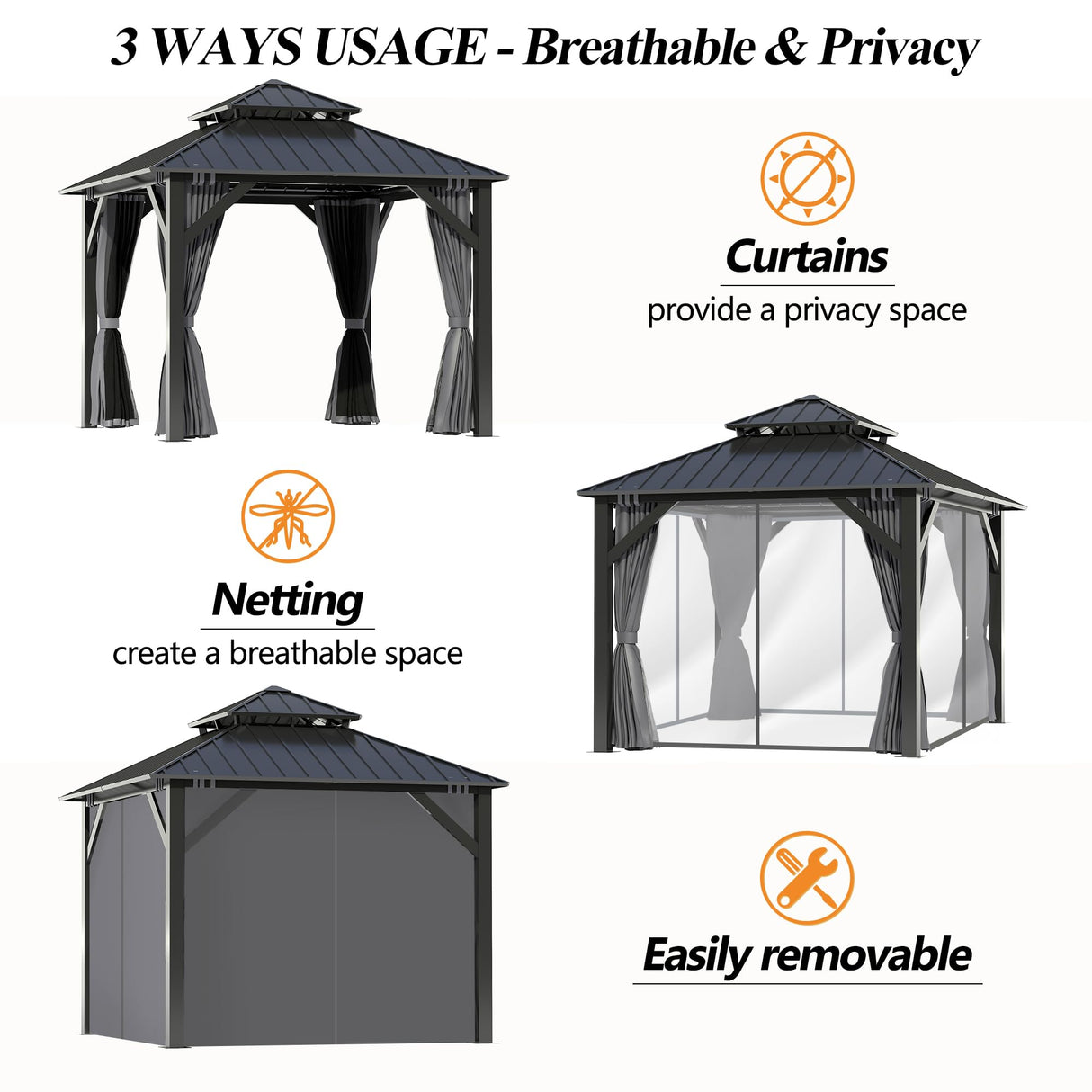 GARTOO 8.5x8.5FT Outdoor Hardtop Gazebo - Aluminum Heavy-Duty Galvanized Steel Top Gazebo with Breathable Netting & Privacy Curtain, Double Roof Gazebos for Patio, Porch, Garden, Lawn, Deck, Backyard GARTOO