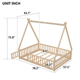 MERITLINE Natural Full Size Montessori Floor Bed with Teepee Design and Fence Rails for Kids MERITLINE