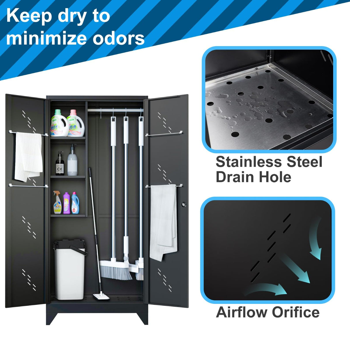 VASAAOSD 75" Metal Storage Cabinet, Tool Cabinet with Hooks, Garage Storage Cabinet with Lock, Heavy-Duty Tool Storage Cabinet for Utility Room, Gym, Basement, Broom Closet Cabinet, Black VASAAOSD