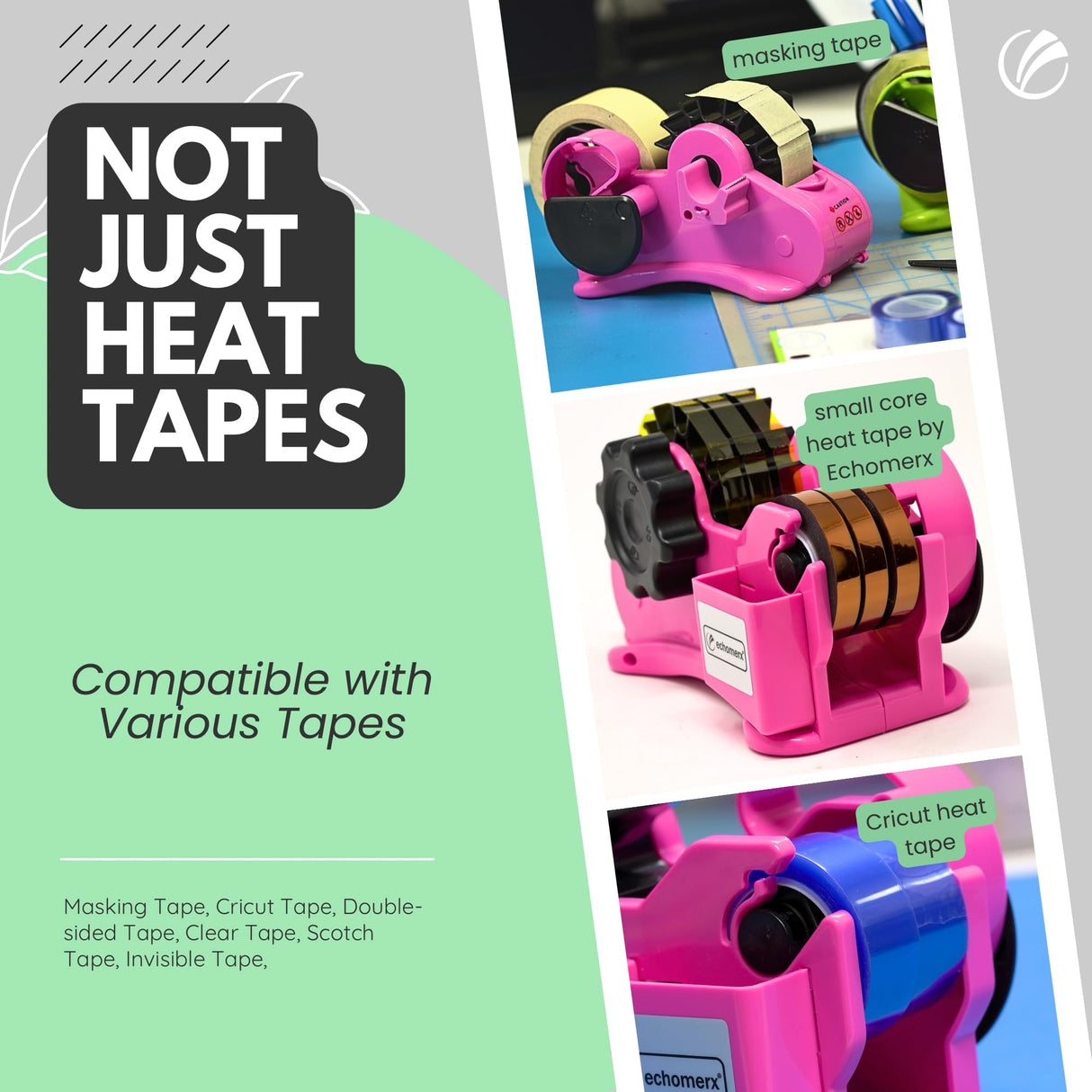 echomerx Pink Heat Tape Dispenser - Sublimation Tape Dispenser to Pre-Cut Heat Resistant Tape | Heat Transfer Tape, Fast Multi-Tape Cutter, Semi-Automatic, Manual Video & 1" Core for Scotch Tapes echomerx