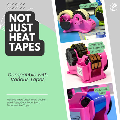 echomerx Pink Heat Tape Dispenser - Sublimation Tape Dispenser to Pre-Cut Heat Resistant Tape | Heat Transfer Tape, Fast Multi-Tape Cutter, Semi-Automatic, Manual Video & 1" Core for Scotch Tapes