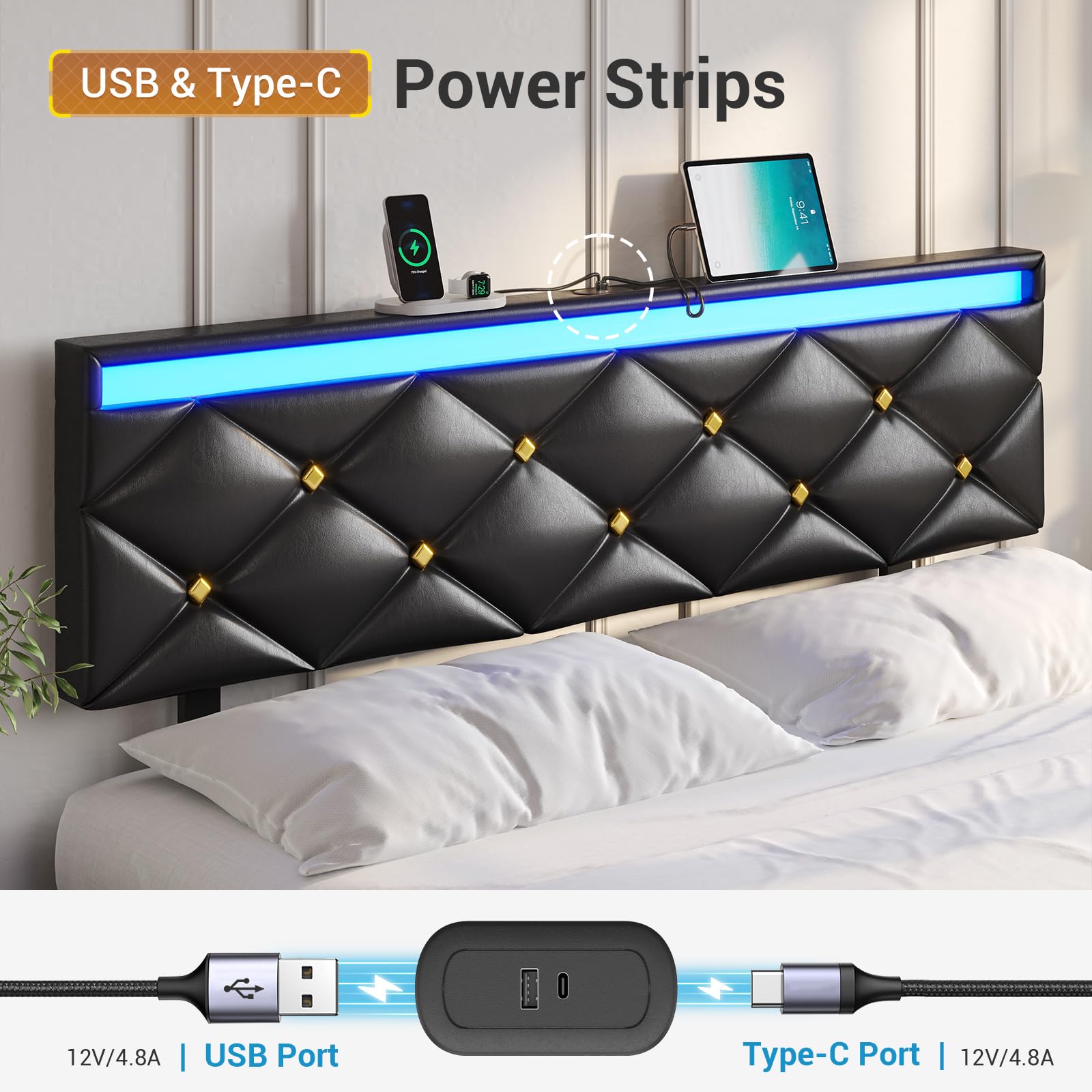 Hasuit Modern Queen Floating Bed Frame with LED Lights & Built-in Charging Station - WoodArtSupply