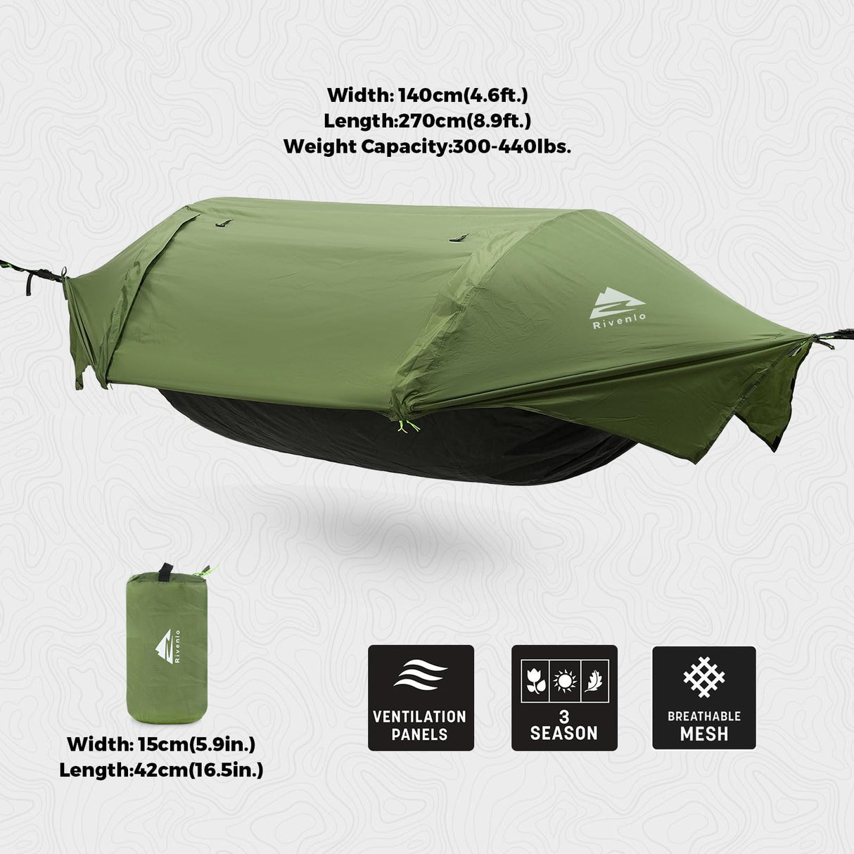 Rivenlo Camping Hammock Tent with Mosquito Net & RainFly, 3 in 1 Waterproof Lightweight Portable Sleeping Hammock Bug Backpacker Travel Outdoor Gear with Tree Strap Swing, for Hiking Patio Expedition Rivenlo