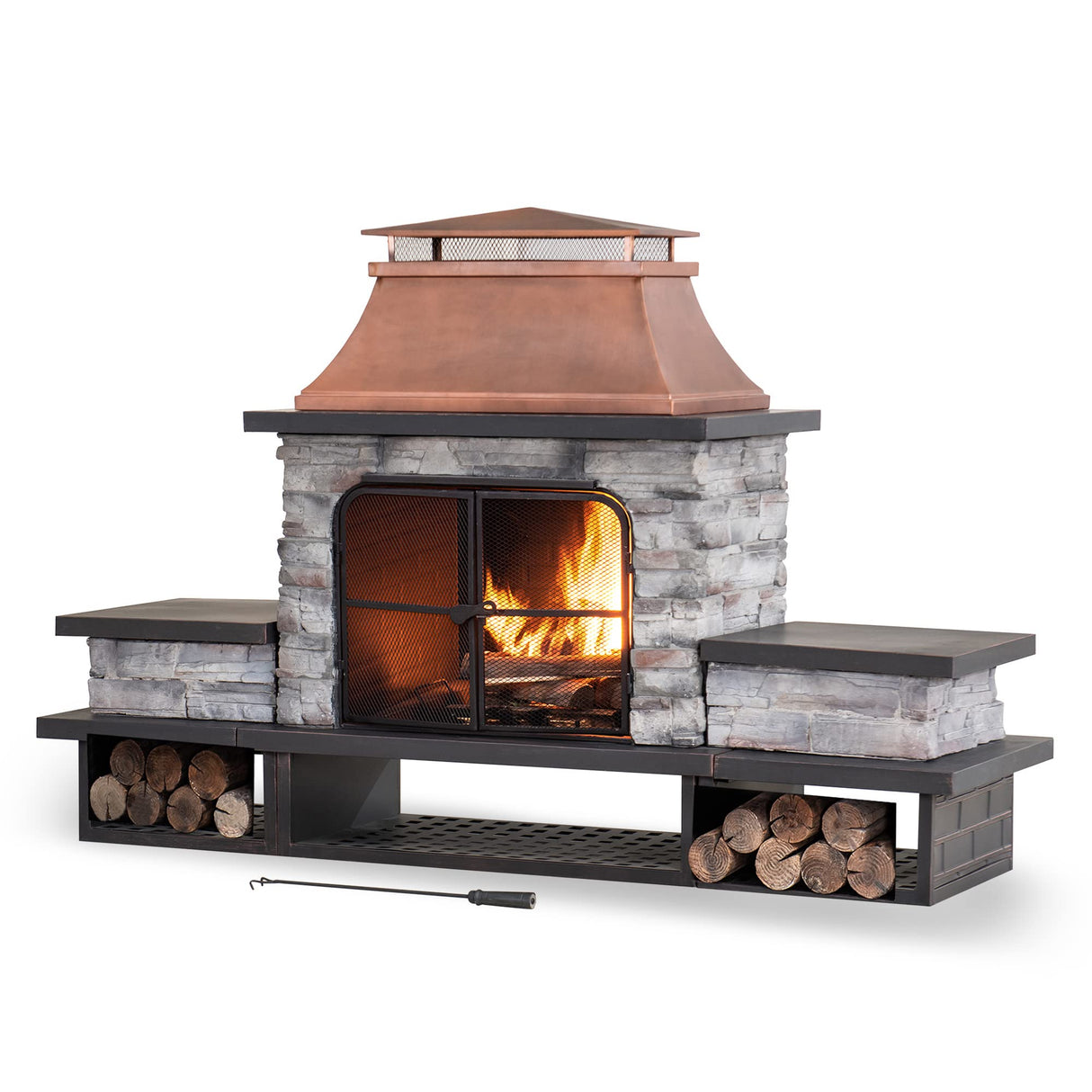 Sunjoy Outdoor Fireplace, Patio Wood Burning Fireplace with Steel Chimney, Mesh Spark Screen Doors, Fire Poker, and Removable Grate, Copper and Black Sunjoy