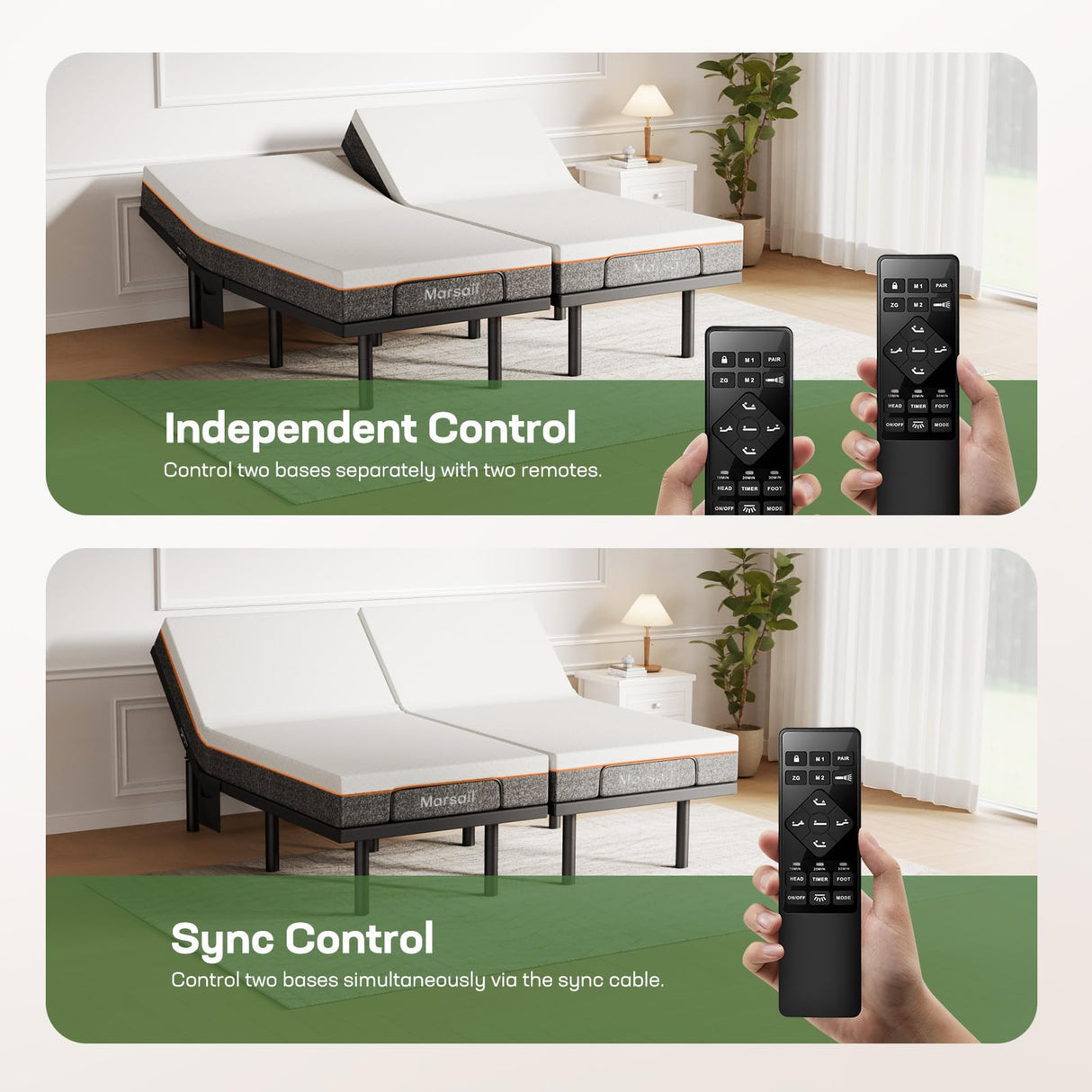 Marsail MS01-1 Split King Adjustable Bed Base with Massage, 4 Ports USB A&C Adjustable Bed Frame with Under-Bed Nightlight, 3 Minutes Assembly, Wireless Control Adjustable Bed with 4 Height Options Marsail