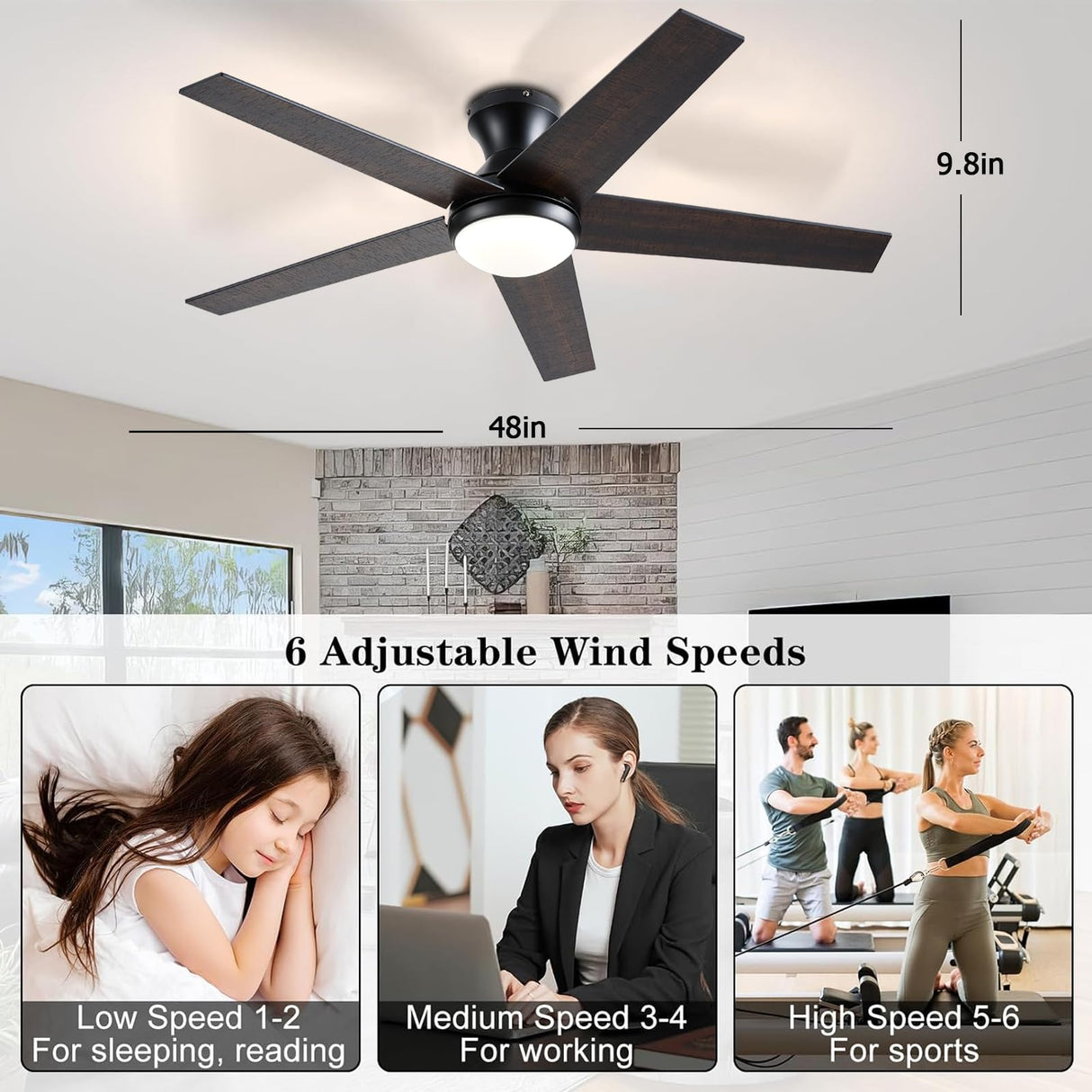 Ayaoty Ceiling Fans with Lights, 48 inch Low Profile Ceiling Fan with Light and Remote Control, Flush Mount, Reversible Motor, Dimmable, Noiseless, Black Ceiling Fan for Bedroom, Indoor/Outdoor Use Ayaoty