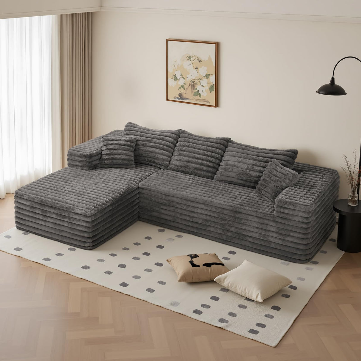 Grey Cloud Sectional Couch with L-Shape Chaise,Modern Modular Sofa with Deep Seat, Upholstered Couches with Left Facing Chaise for Living Room Bedroom, No Assembly Required, Plush Corduroy SIMTONAL