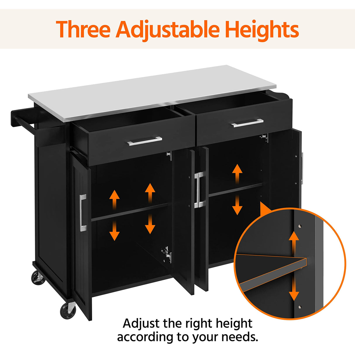 Yaheetech Rolling Kitchen Island with Stainless Steel Top, Kitchen Cart Storage Cabinet on Wheels with 2 Drawers and Inner Adjustable Shelves for Dining Room, 50.5 Inch Width, Black Yaheetech