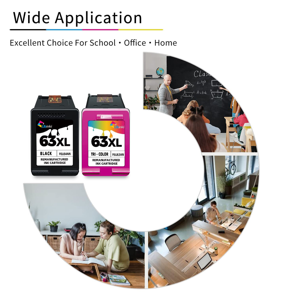 Ubinki 63XL Ink Cartridge Combo Pack Replacement for HP Ink 63 63XL Black and Color to Envy 4520 4512 4510 Officejet 4650 5258 5200 3830 5255 4655 4652 5252 Deskjet 3630 3632 2132 1112 Printer | HP63 Ubinki
