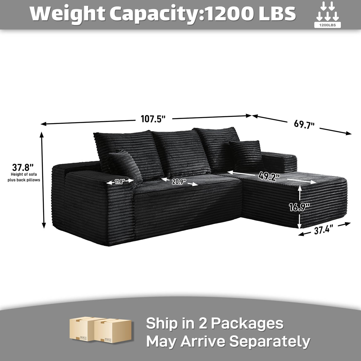 ONEMMLION Cloud Couch Sectional Modular Sofa, 107.5" Comfy Black L Shaped Boneless Couches for Living Room, Deep Seat Plush Corduroy Couch Sectional Memory Foam Sofa(Black, Right Facing Chaise) ONEMMLION