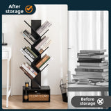 Yoobure Tree Bookshelf with LED Light, 6 Tier Book Shelf, Small Bookcase Narrow Bookshelves with Storage, Wood Book Case Organizer for CDs/Books, Floor-Standing Rack for Bedroom, Office, Black Yoobure