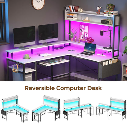 Rolanstar L Shaped Gaming Desk with Power Outlets & LED Lights, Reversible Computer Desk with Keyboard Tray, Storage Shelves, Monitor Stand & Hutch for Home Office, White