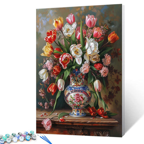 Tucocoo Vase of Tulips Paint by Number for Adults, DIY Oil Painting Kits on Canvas with Brushes and Acrylic Paints, Classical Still Life Vintage Floral Picture for Home Decor 16x20 inch (Frameless) Tucocoo
